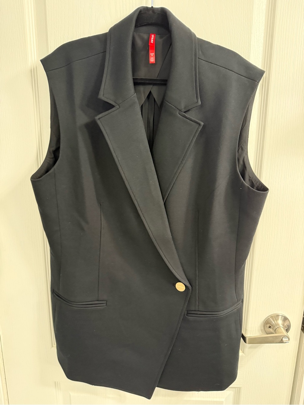 SPANX Asymmetrical Black Sleeveless Tailored Blazer Vest with Gold Button